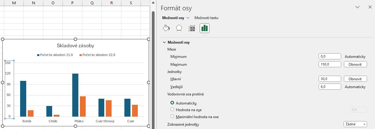 Změna hodnot v okně Formát osy - Základy Microsoft Excel