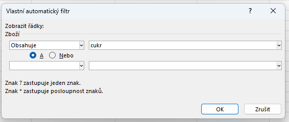 Filtrování textu podle obsahu slova - Základy Microsoft Excel