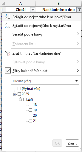 Řazení vyfiltrovaných dat podle data - Základy Microsoft Excel