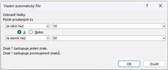 Kombinace číselných podmínek filtru - Základy Microsoft Excel