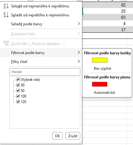 Nabídka filtrů podle barvy v Excelu - Základy Microsoft Excel