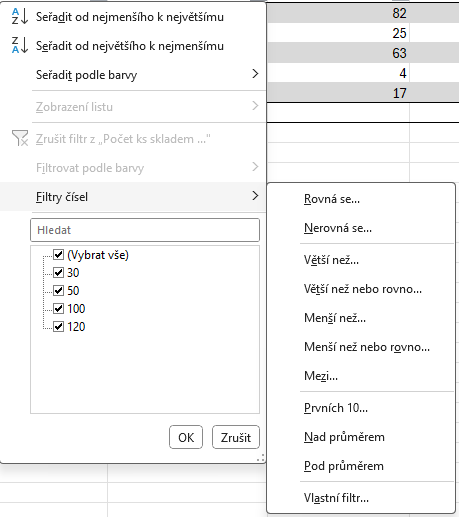 Nabídka filtrů čísel v Excelu - Základy Microsoft Excel