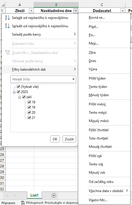 Nabídka filtrů kalendářních dat v Excelu - Základy Microsoft Excel