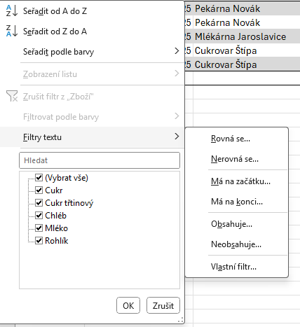 Nabídka filtrů textu v Excelu - Základy Microsoft Excel