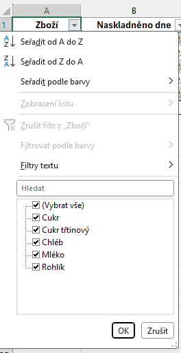 Rozbalovací nabídka automatického filtru - Základy Microsoft Excel