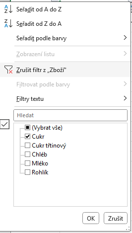 Zrušení filtrace ve sloupci tabulky - Základy Microsoft Excel