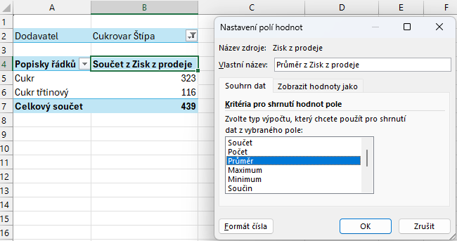 Nastavení výpočtu průměru v kontingenční tabulce - Základy Microsoft Excel