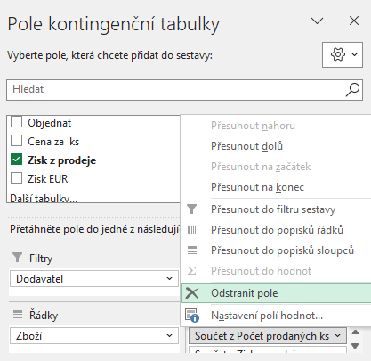 Odstranění pole z oblasti Hodnoty - Základy Microsoft Excel