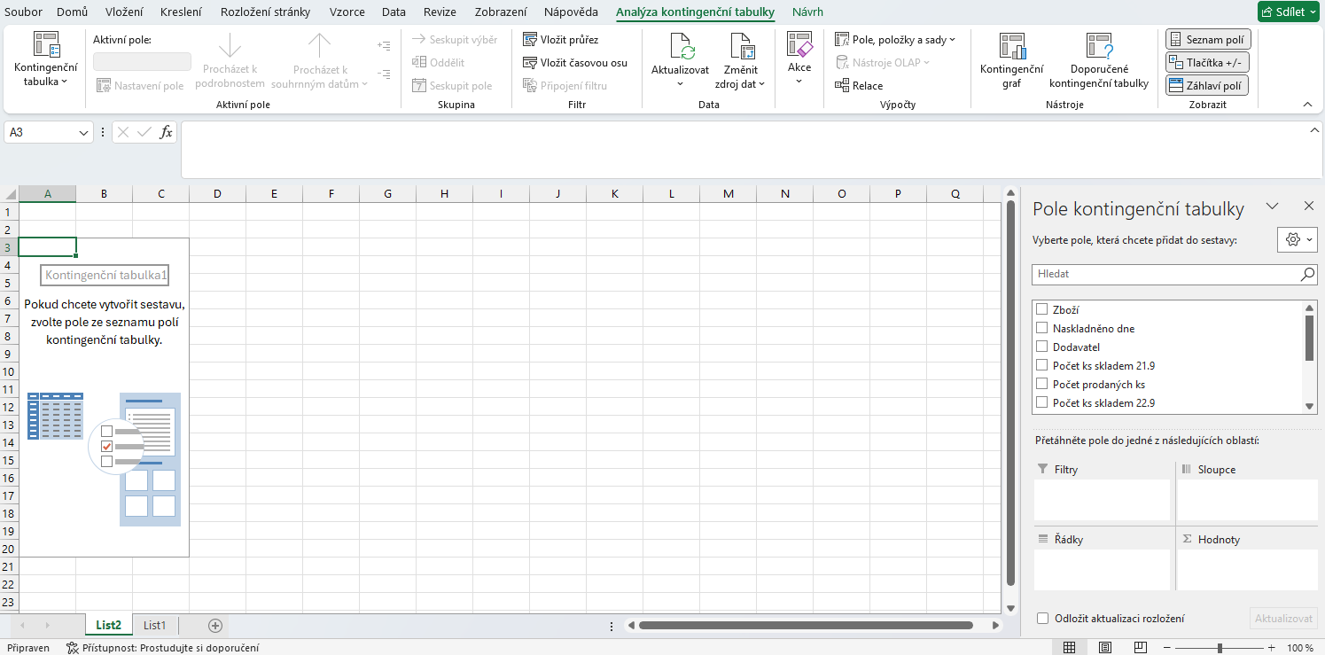 Nabídka Pole kontingenční tabulky - Základy Microsoft Excel