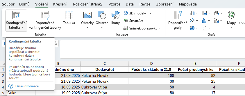 Vložení kontingenční tabulky - Základy Microsoft Excel