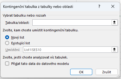 Dialogové okno pro vytvoření kontingenční tabulky - Základy Microsoft Excel