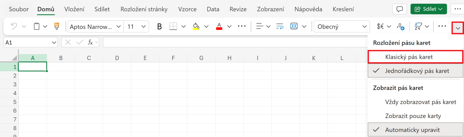 Plné zobrazení pásu karet v Office 365 - Základy Microsoft Excel