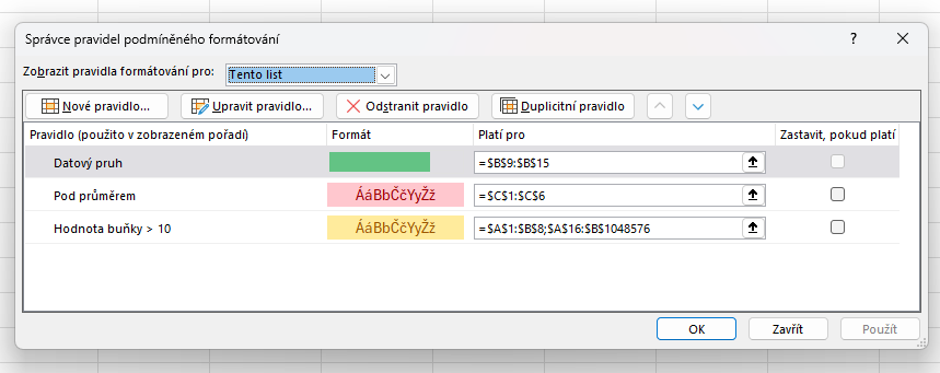 Správce pravidel podmíněného formátování v Excelu - Microsoft Excel pro pokročilé