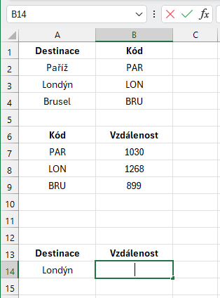 Vnořené vyhledávání mezi dvěma tabulkami – destinace, kódy a vzdálenosti - Microsoft Excel pro pokročilé
