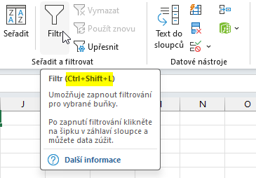 Tlačítko Filtr s tooltipem, kde je vidět klávesová zkratka Ctrl + Shift + L - Microsoft Excel pro pokročilé