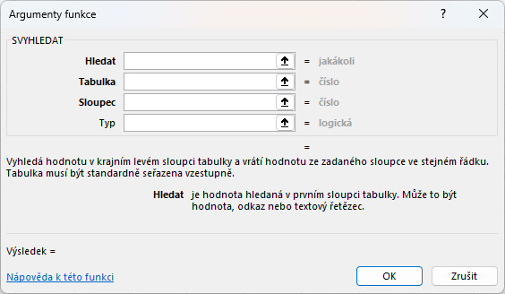 Dialog funkce SVYHLEDAT – argumenty funkce - Microsoft Office