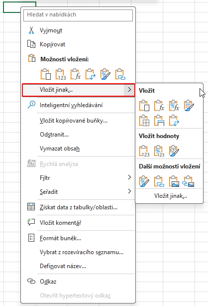 Možnosti nabídky Vložit jinak - Microsoft Excel pro pokročilé