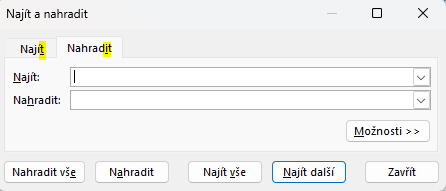 Dialogové okno Najít a nahradit s podtrženými písmeny u voleb - Microsoft Excel pro pokročilé