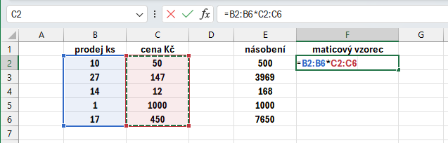 Zadání maticového výpočtu součinu dvou sloupců - Microsoft Office