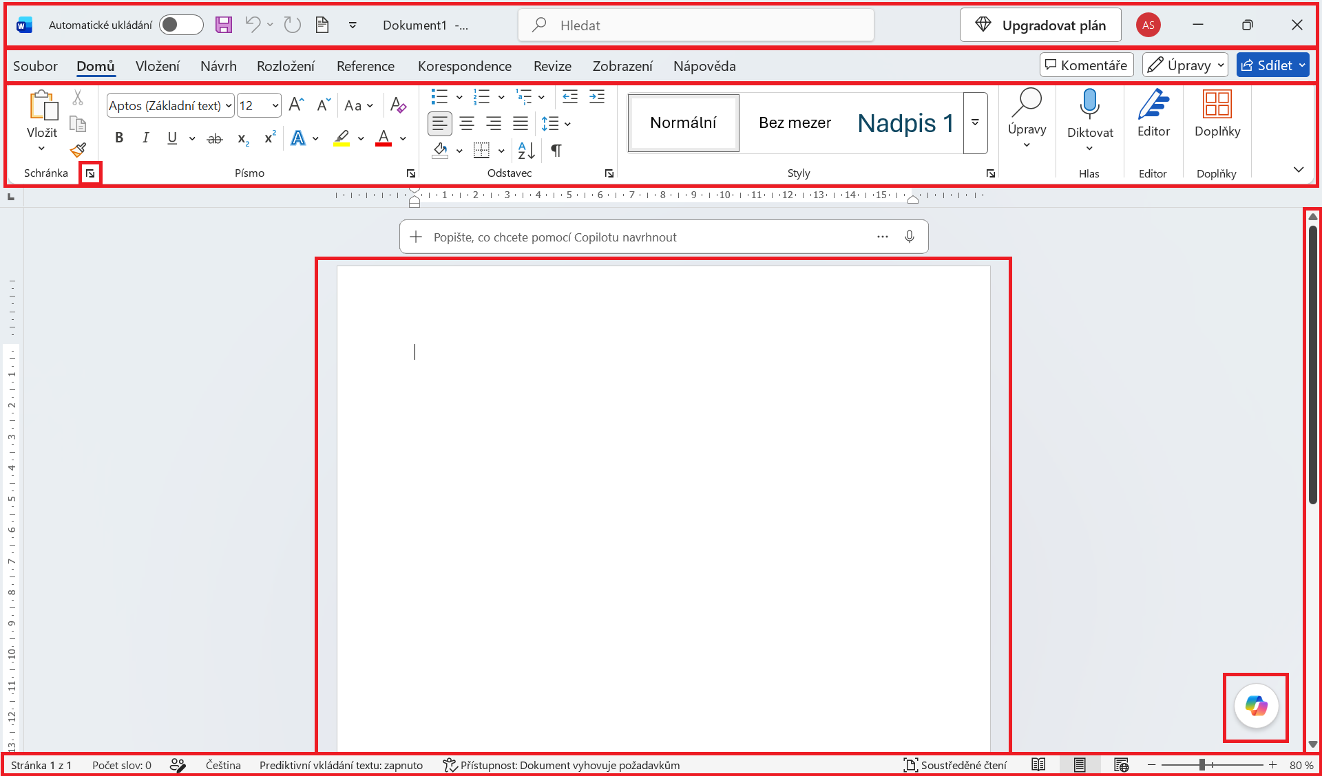 Hlavní ovládací prvky v okně aplikace Microsoft Word - Základy Microsoft Word a Copilot