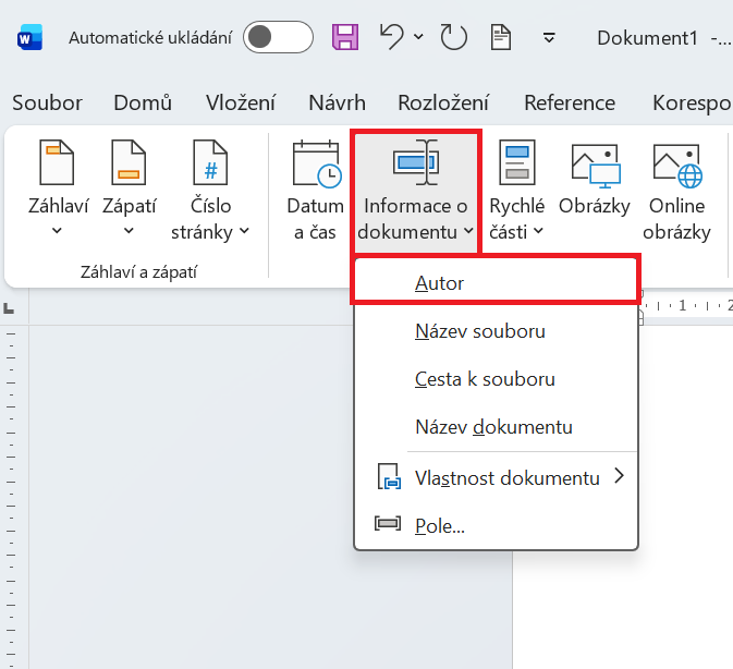 Volba pro vložení automatického pole se jménem autora - Základy Microsoft Word a Copilot