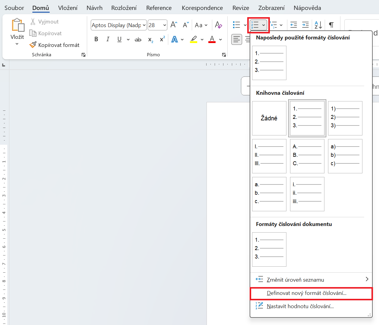 Volba pro vytvoření číslovaného seznamu - Základy Microsoft Word