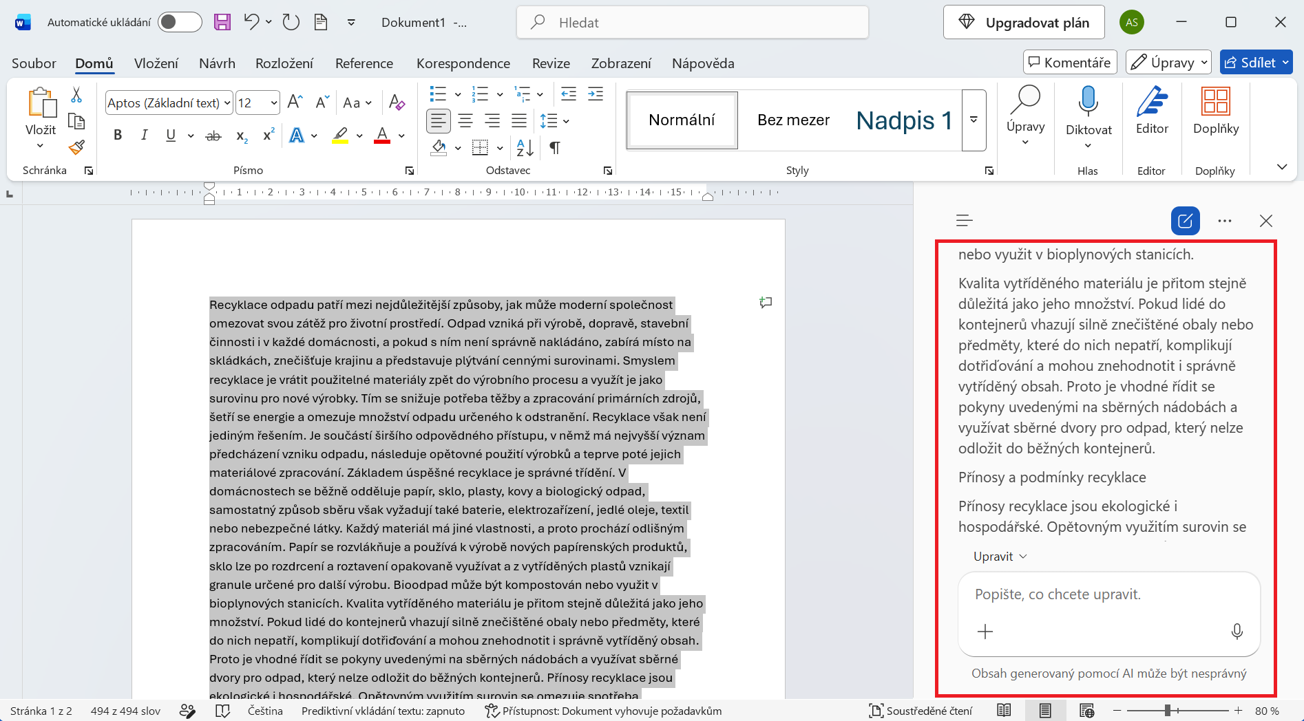 Návrh rozdělení textu do logických částí pomocí Copilotu - Základy Microsoft Word