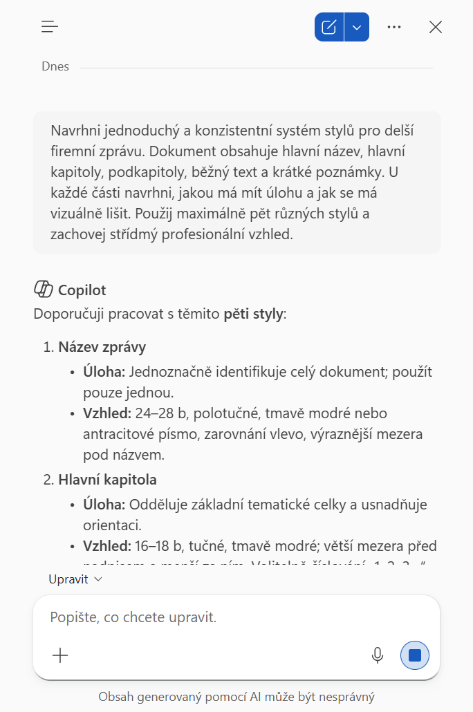 Zadání pro návrh struktury stylů v Copilotu - Základy Microsoft Word