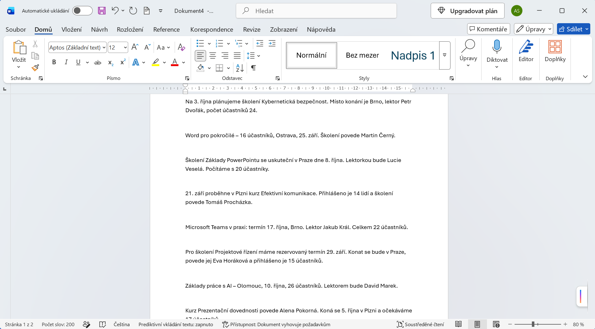 Neucelené informace o školeních k převedení do tabulky - Základy Microsoft Word