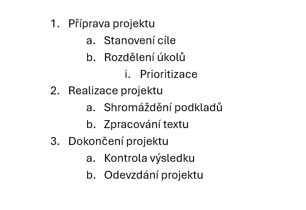 Ukázka víceúrovňového seznamu - Základy Microsoft Word
