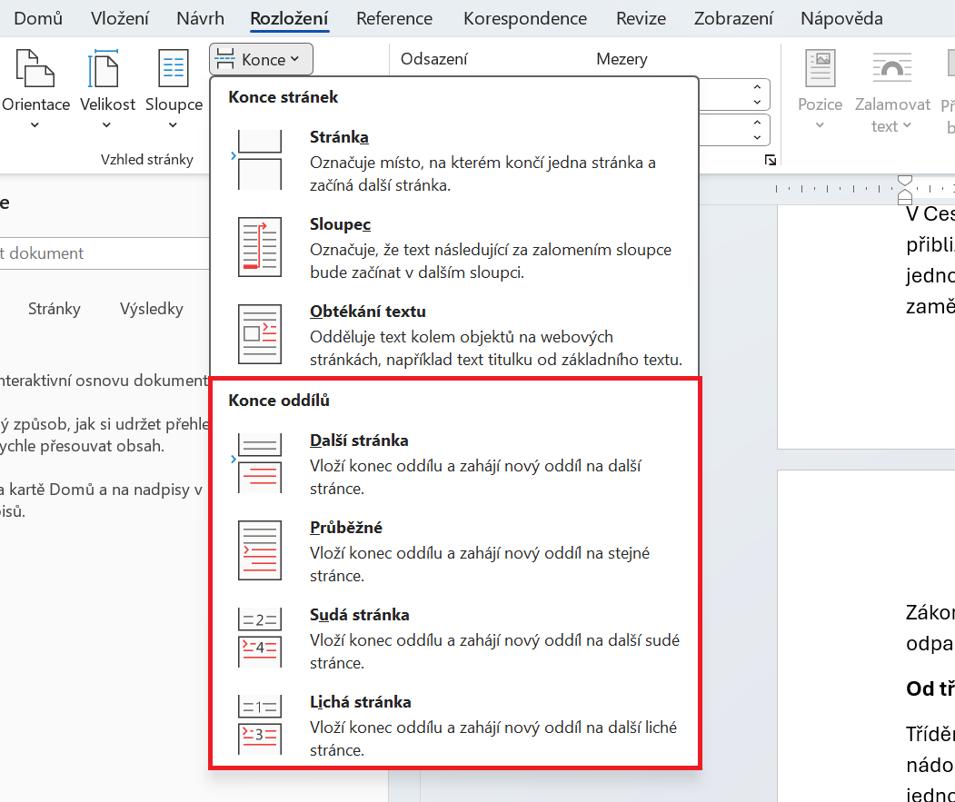 Menu pro vložení oddílů - Základy Microsoft Word a Copilot