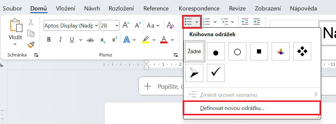 Menu pro vytvoření vlastních odrážek - Základy Microsoft Word