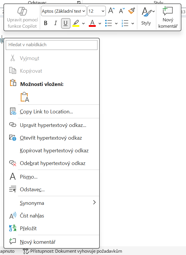 Nabídka pro práci s hypertextovým odkazem ve Wordu - Základy Microsoft Word