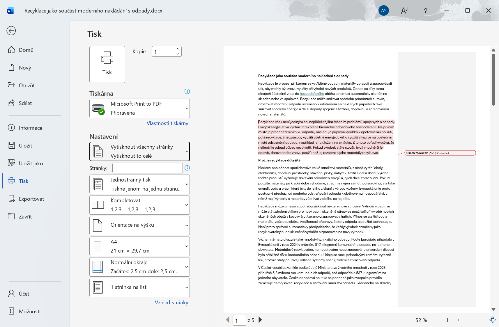 Náhled dokumentu a možnosti nastavení tisku ve Wordu - Základy Microsoft Word