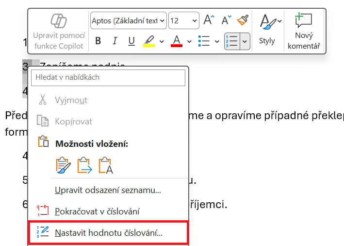 Volba pro nastavení hodnoty číslování - Základy Microsoft Word