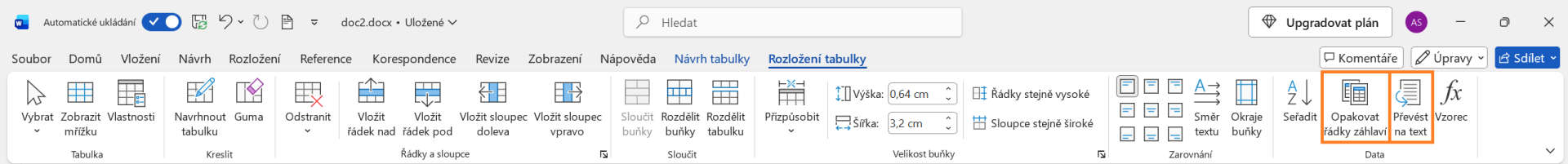 Volba Opakovat řádky záhlaví - Základy Microsoft Word