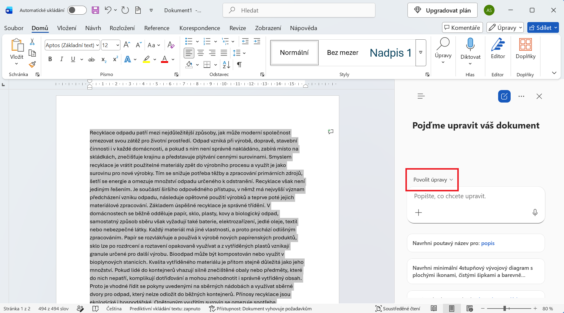 Označený text a otevřený Copilot v Microsoft Wordu - Základy Microsoft Word