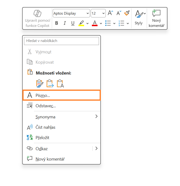 Místní nabídka po kliknutí pravým tlačítkem myši v dokumentu Microsoft Word - Základy Microsoft Word a Copilot