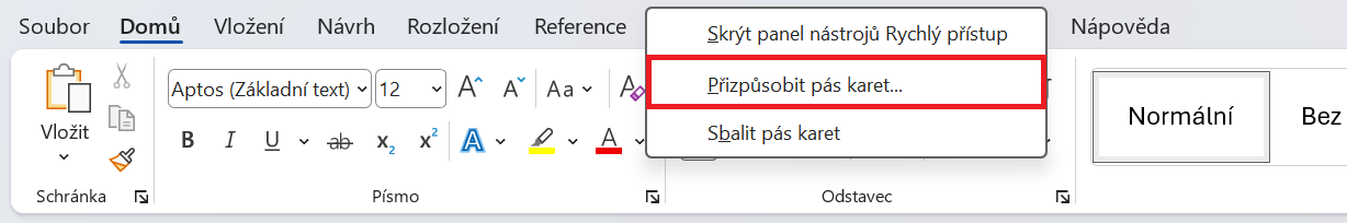 Volba pro přizpůsobení pásu karet v Microsoft Wordu - Základy Microsoft Word a Copilot