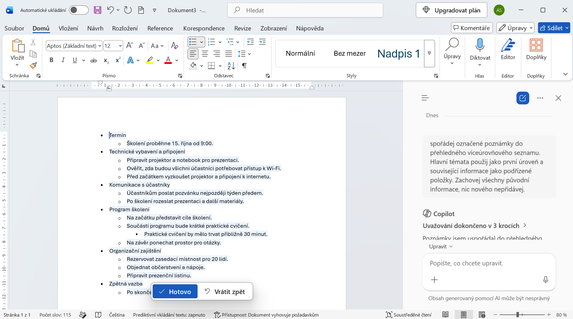Návrh víceúrovňového seznamu vytvořený Copilotem - Základy Microsoft Word