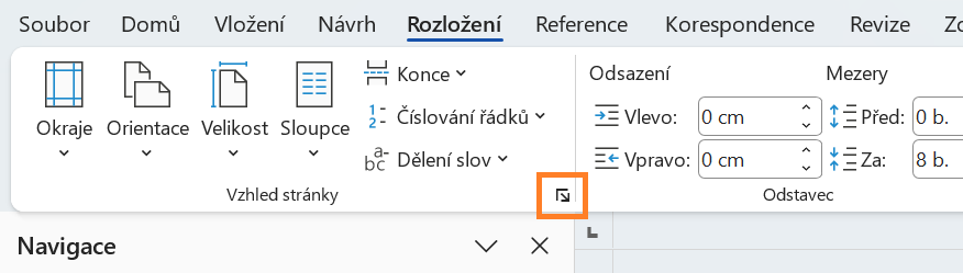 Menu pro nalezení volby pro svislé zarovnání - Základy Microsoft Word