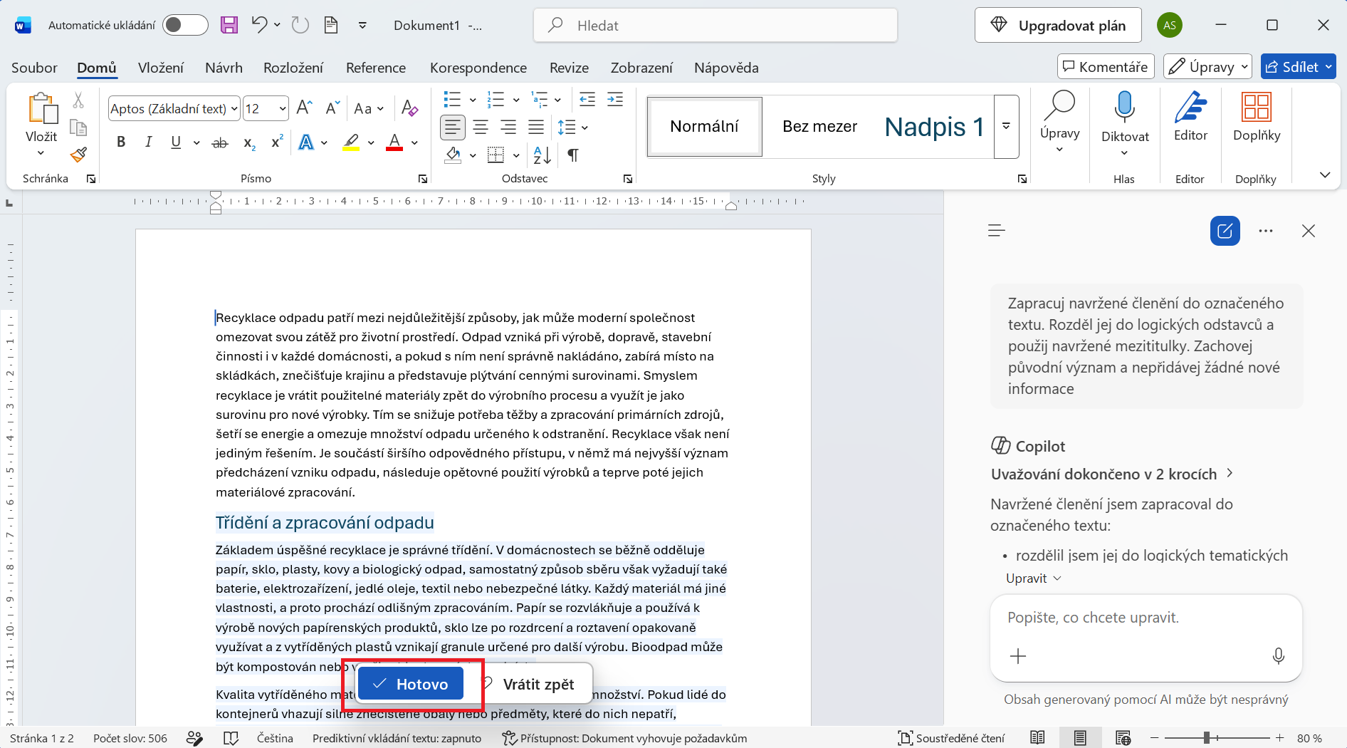 Text rozdělený do odstavců pomocí Copilotu v Microsoft Wordu - Základy Microsoft Word