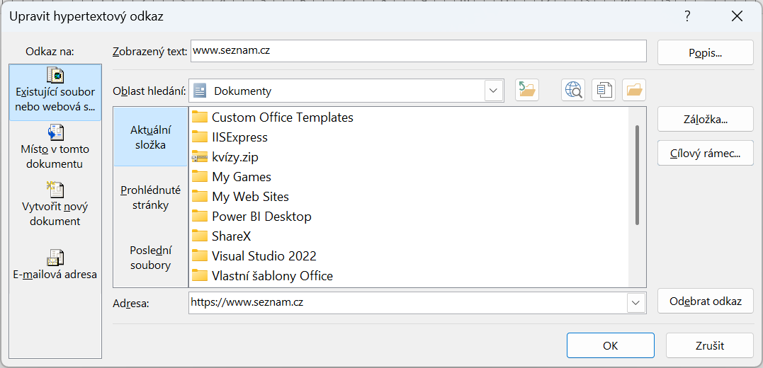 Dialogové okno pro úpravu zobrazeného textu a cílové adresy hypertextového odkazu - Základy Microsoft Word