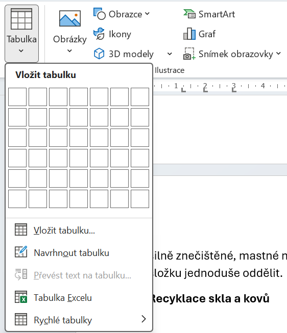 Volba pro rychlé vložení tabulky - Základy Microsoft Word