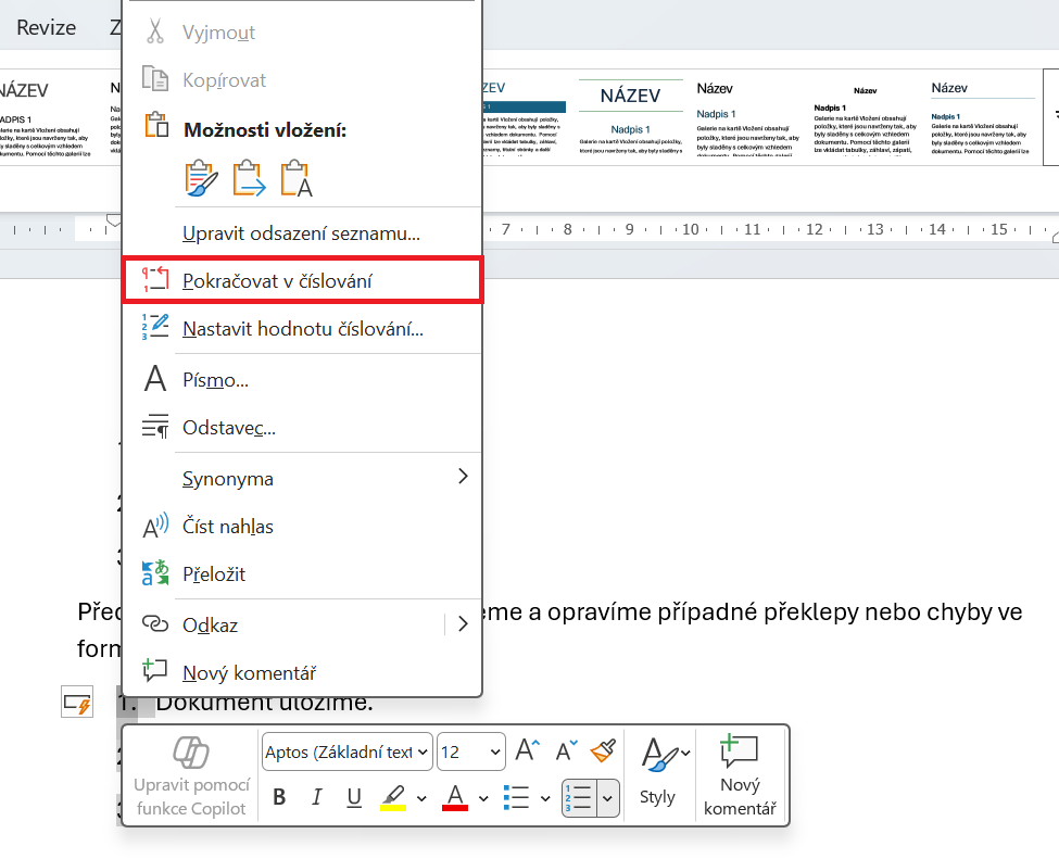 Možnost pro navázání dvou seznamů - Základy Microsoft Word