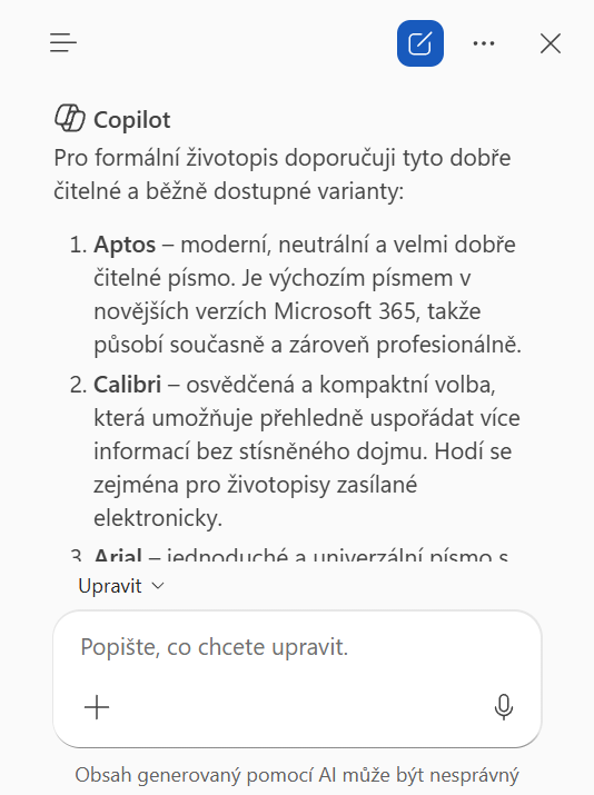 Výběr fontu a doporučení od Copilotu - Základy Microsoft Word a Copilot