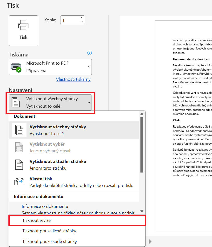 Vypnutí tisku revizí a komentářů v nastavení tisku ve Wordu 365 - Základy Microsoft Word