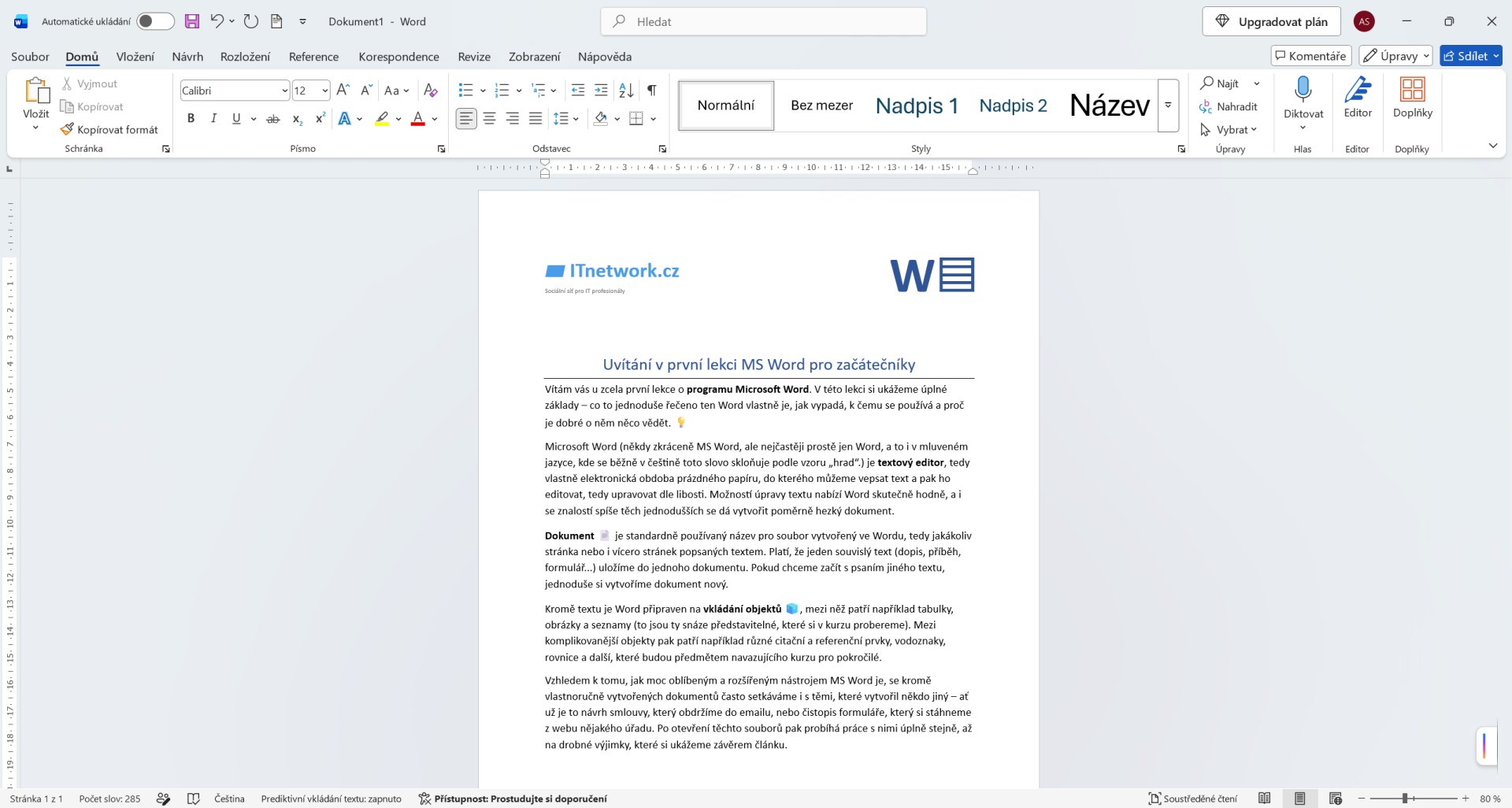 Vzorový dokument vytvořený v Microsoft Wordu - Základy Microsoft Word a Copilot