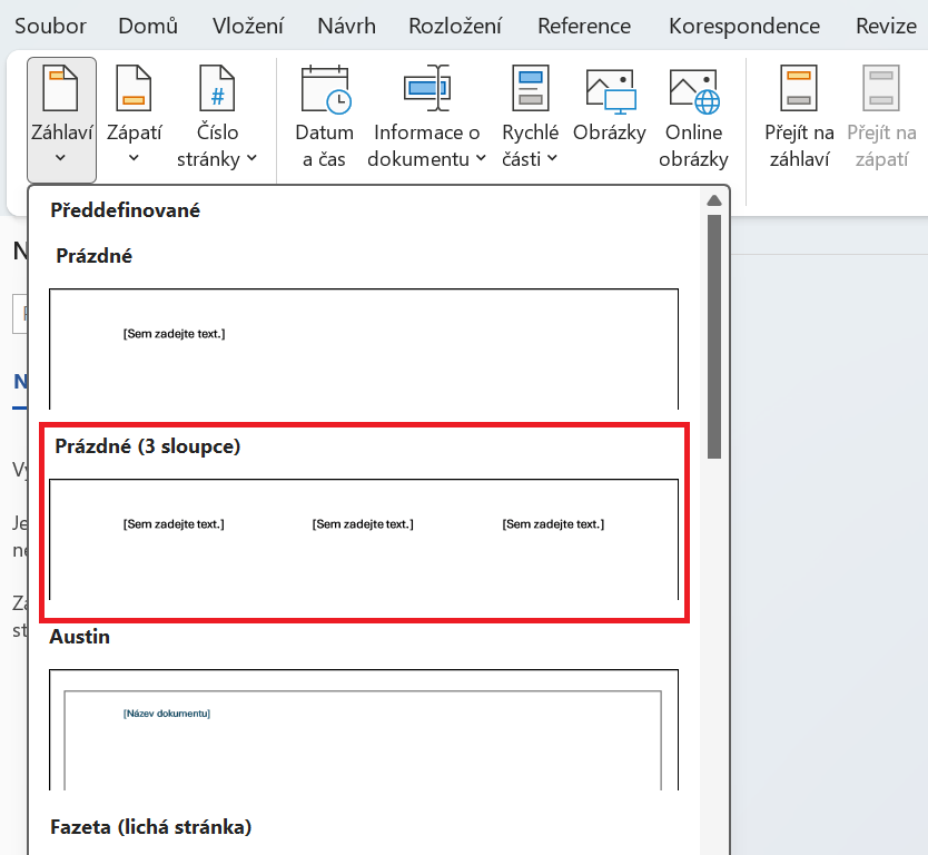 Menu pro nastavení tří sloupců v záhlaví - Základy Microsoft Word a Copilot