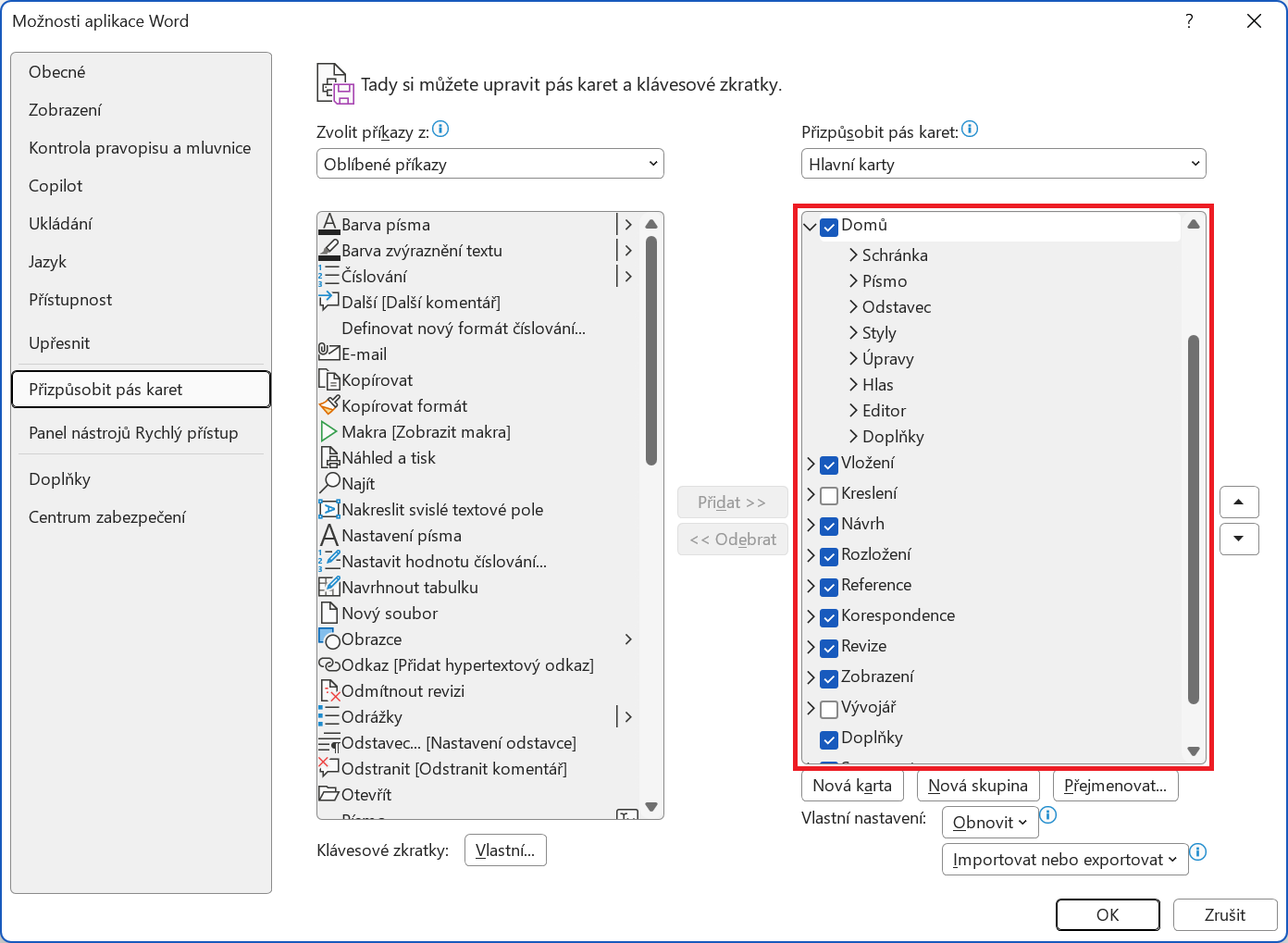 Zobrazení a skrytí karet na pásu karet ve Wordu - Základy Microsoft Word a Copilot